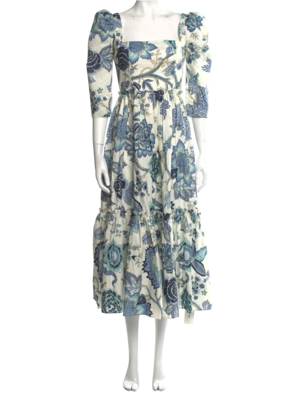 Cara Cara Blue & Cream Floral Square-Neck Midi Dress puff sleeve ruffle hem 2 - Picture 2 of 14